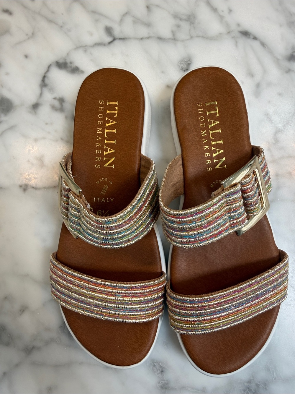 Italian Shoemakers Metallic Multistripe Buckle Slide Sandals